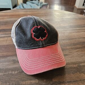 Black/Red Black Clover Mens Trucker Hat Snapback Distressed Live Lucky